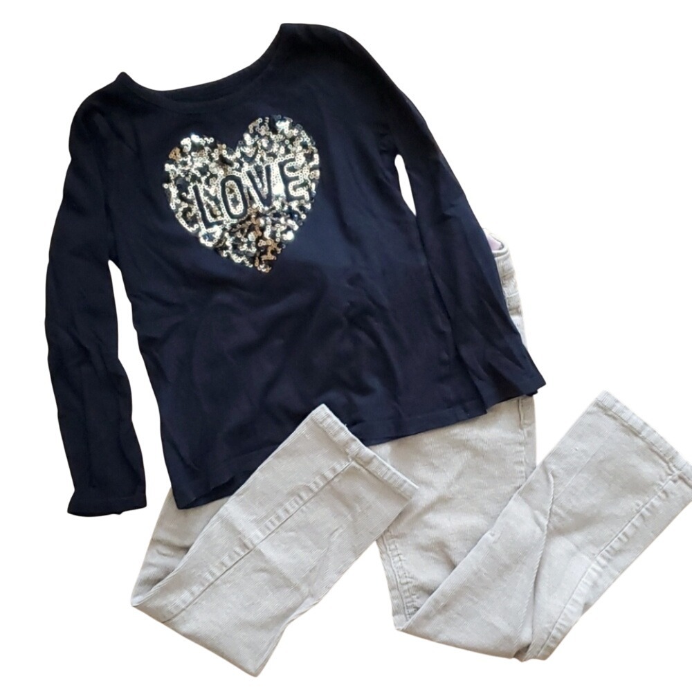 Childrens Place Love Sequin Long Sleeve Heart‎ Top with Old Navy Cords Size 5